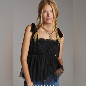 NWT Anthropologie Black tulle tank with velvet ties.